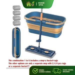 Cây Lau Nhà Tự Vắt Kèm Xô 4 Bông – Bộ Lau Nhà Đầy Đủ, Vắt Khô Nhanh, Không Bẩn Tay